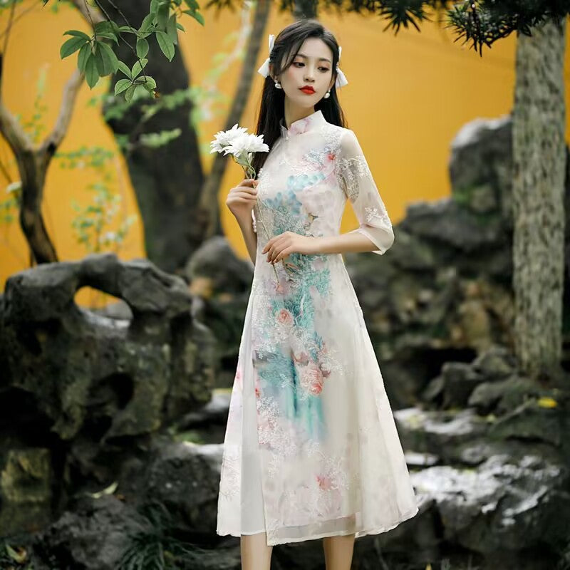 Summer Chiffon Ao Dai Elegant Dress Qipao Oriental Printing Dress Qipao Vietnam image 2