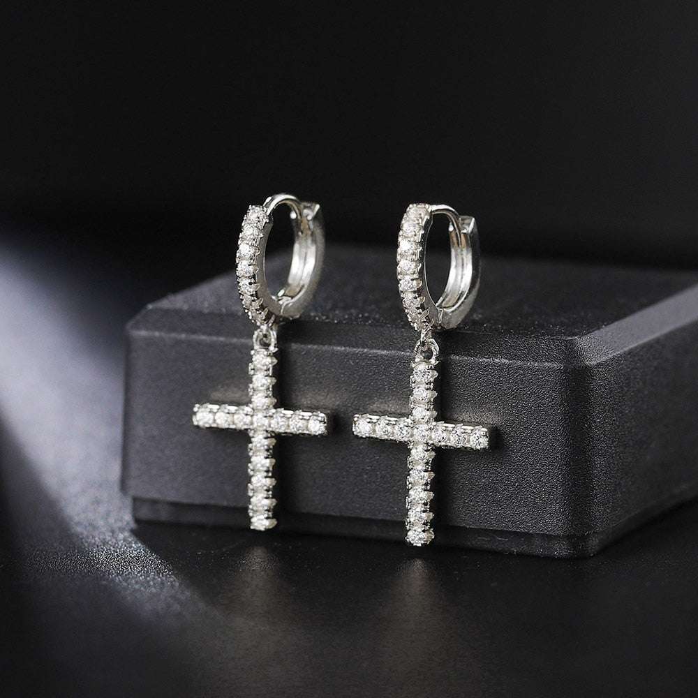 Punk Gold Color Cross Stud Earrings Hip Hop White Litter Rhimestone Jewelry Pie image 7