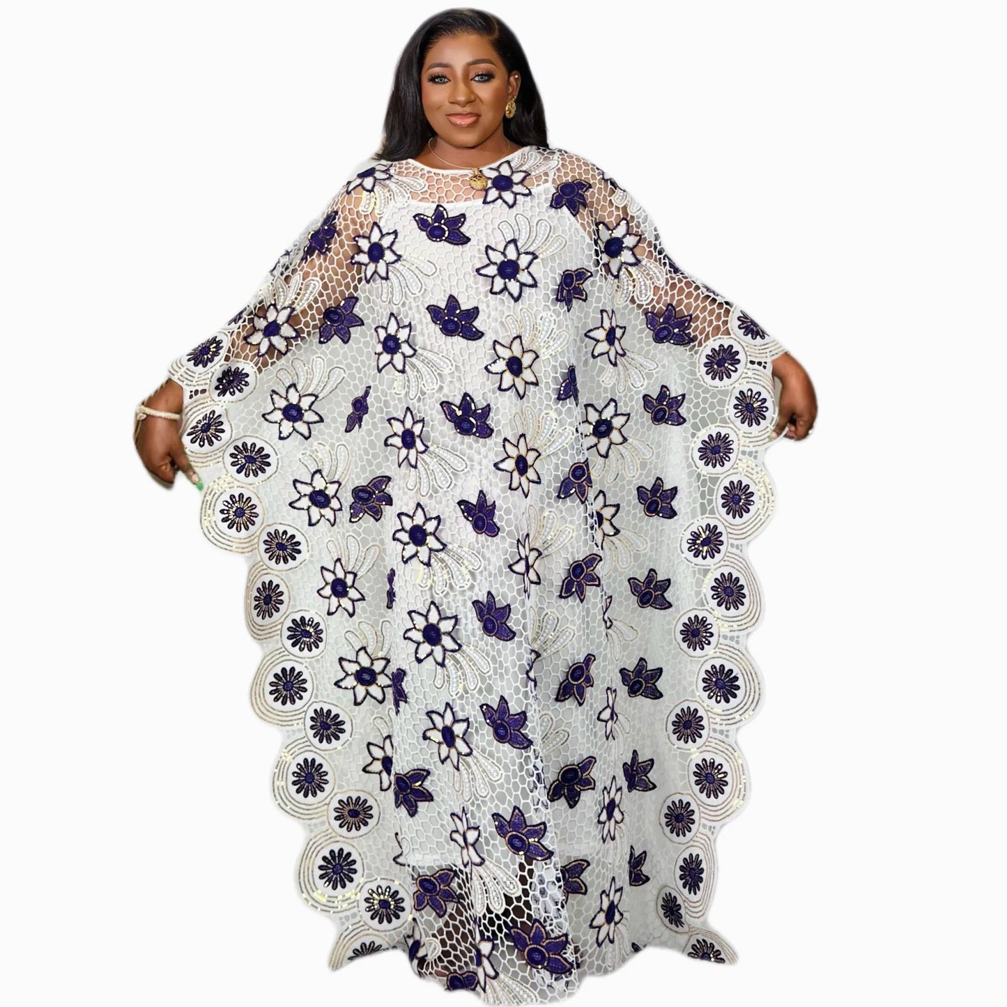 PLus size Elegant Kaftan Dress Women's Sequin Floral Patterned bat Sleeve Round image 2