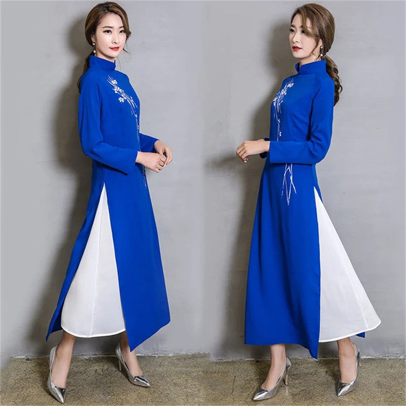 Spring Summer Vintage Chinese Traditional Chiffon Cheongsam Embroidery Flower W image 4