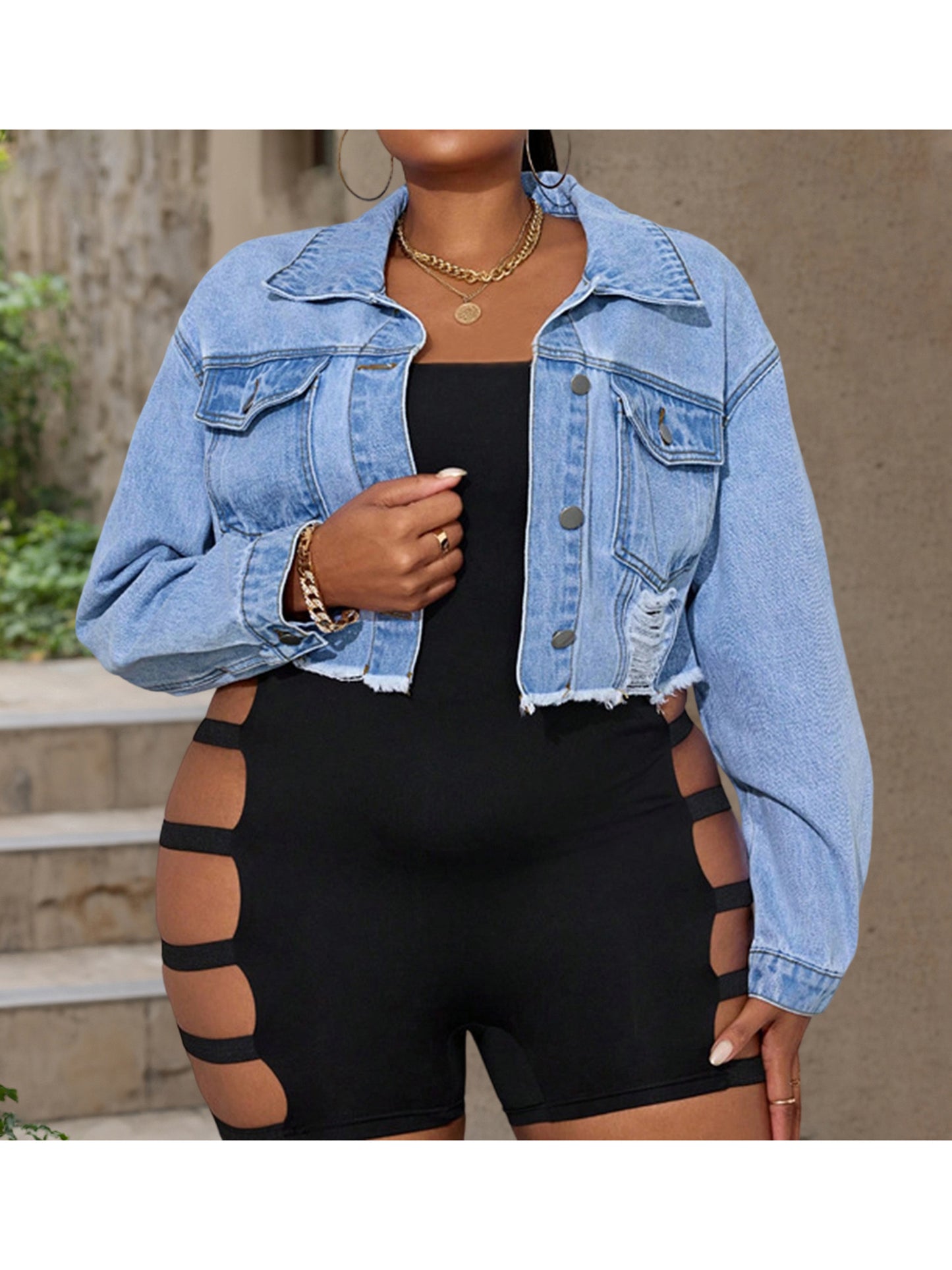 Women s Distressed Cropped Denim Jacket with Frayed Hem and Button Closure - St image 0