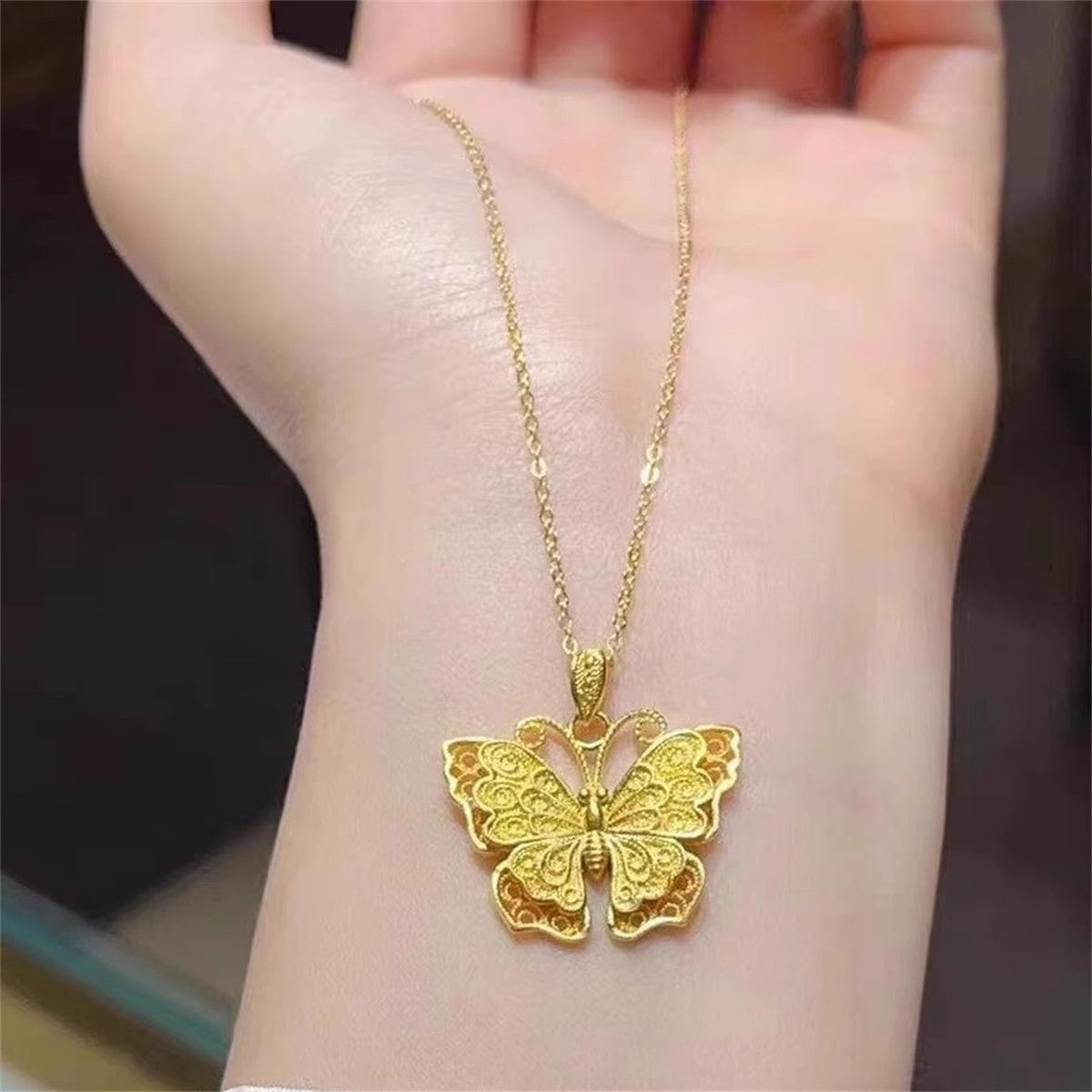 Shiny Pure 14 K Gold Color Butterfly Pendant Necklace for Women's Necklace Cha image 5
