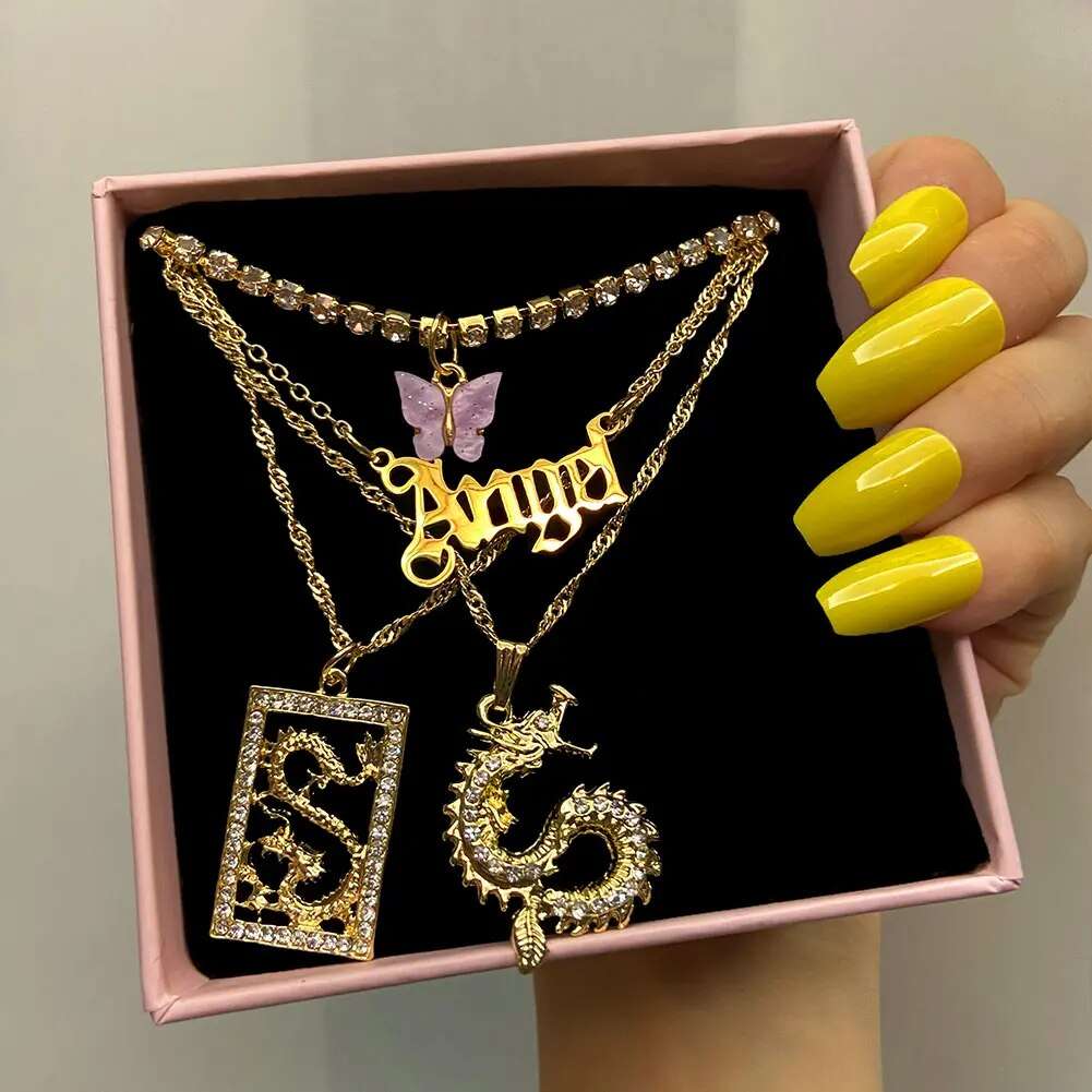 New Multi Layer Butterfly Dragon Charms Crystal Necklaces For Women Punk Golden image 2