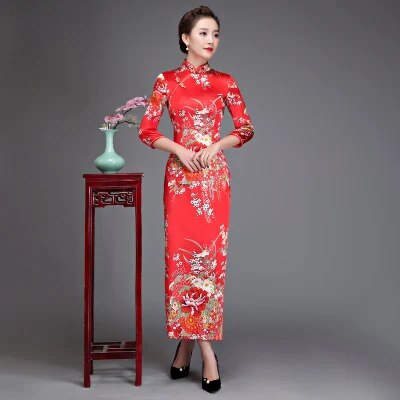 Old Shanghai Elegant Women Satin Qipao Slim 3/4 Sleeve Long Dress New Tradition image 0