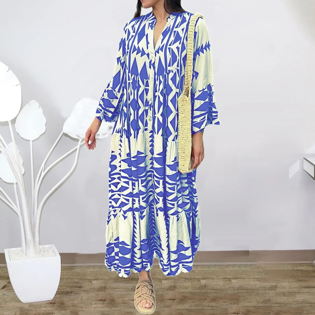 Elegant Summer Maxi Dress Women 2023 Casual Streetwear Vintage Geometric V Nec image 2