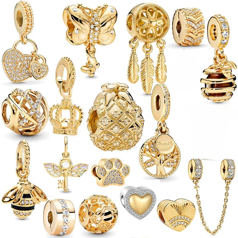 925 Sterling Silver Gold Color Family Tree Heart Crown Pendant Charm Fit Origin image 1