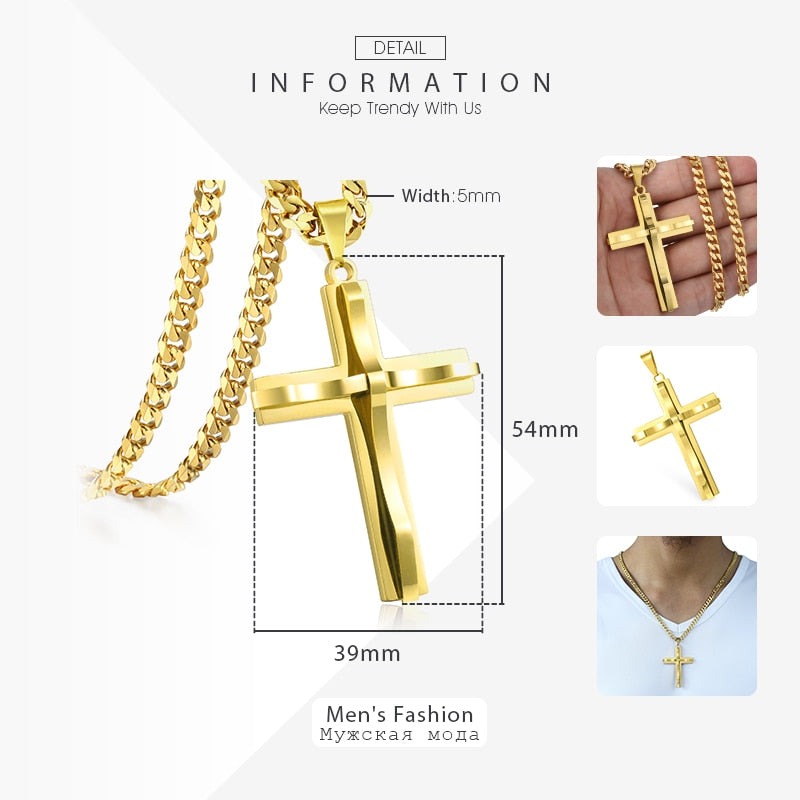 Punk Miami 2Pcs/Set Gold Color Big Cross Pendant Necklace for Men Women Stainle image 5