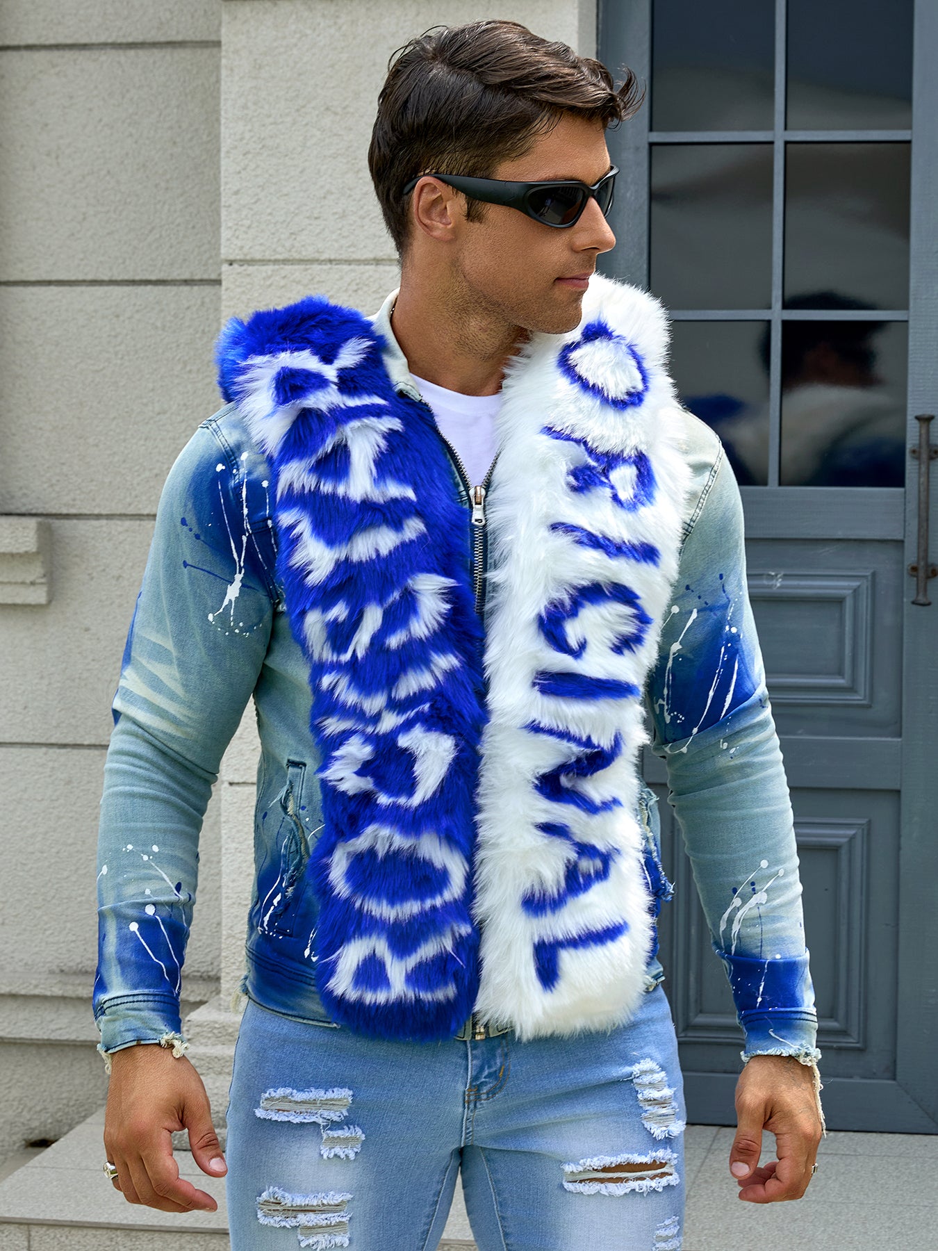 Men's fashion stretch jacket, full strip printing, fashion wash, has a very fas image 0