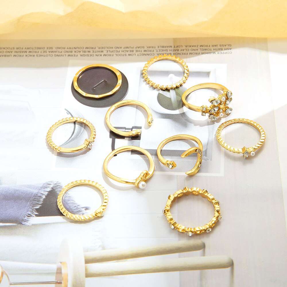 10Pcs Rings Suit For Women Gold-color Chain Ring Set Bohemian Style Coin Snake image 3