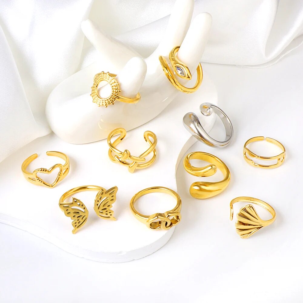 LUXUSTEEL Romantic Double Hollow Heart Rings for Women Stainless Steel Golden M image 14