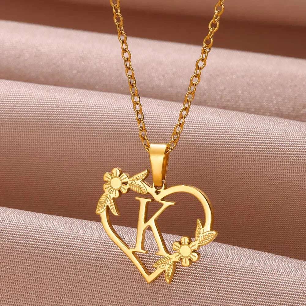 Gold Color Dainty Flower Initials Necklace Women Girl Stainless Steel Heart Let image 0
