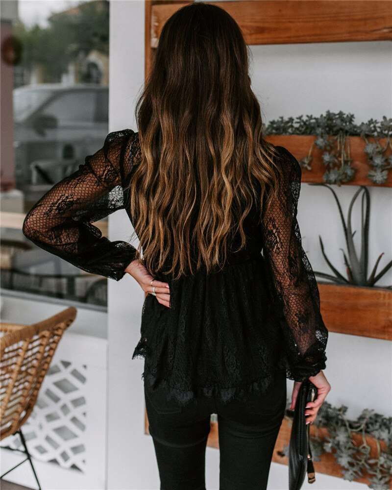 Imcute Women Shirts Autumn Mesh Sheer See Through Sleeve Patchwork Blouses image 1