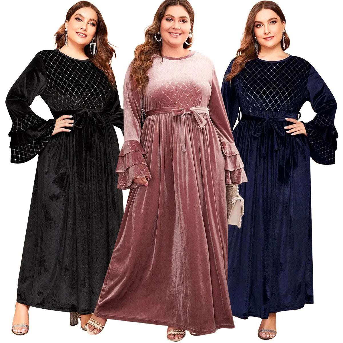 Plus Size Women's Velvet Clothing Winter Bronzing Flare Sleeve Gold Casual Dres image 7