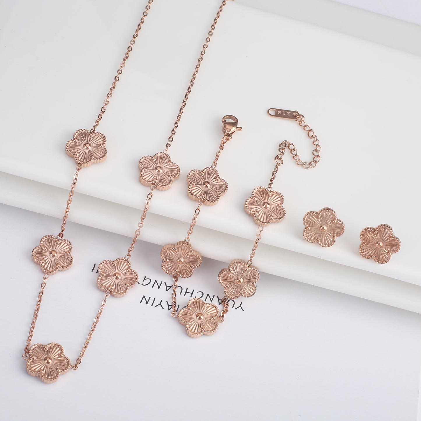 3Pcs 18k Gold-Plated Five-Leaf Flower Necklace Earrings Bracelet Jewelry Set Fo image 20