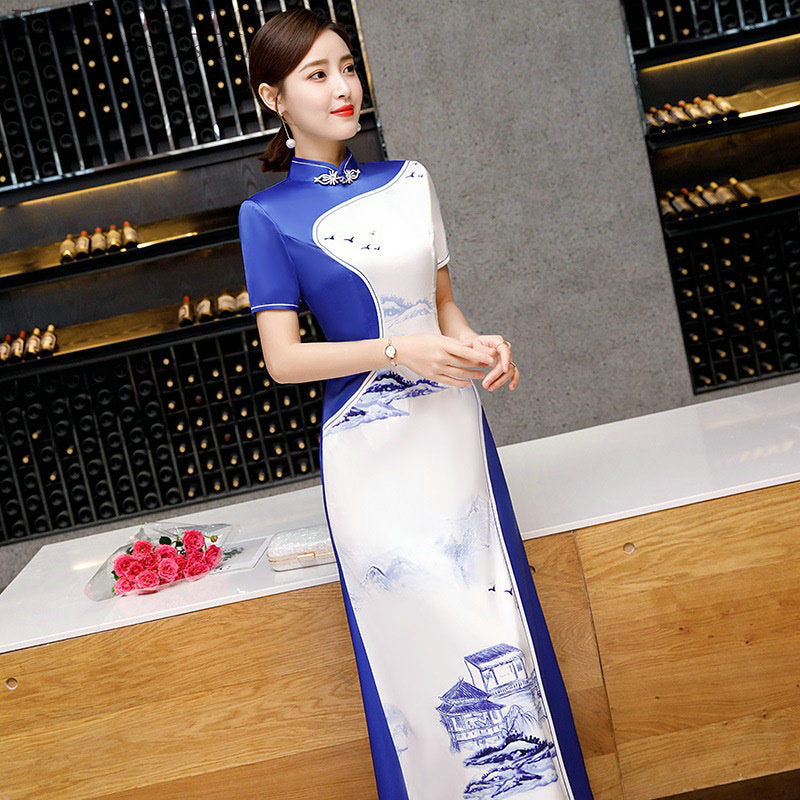 New Arrival 2019 Summer Ao Dai Vietnam Traditional Dress Slit Cheongsam Elegant image 4