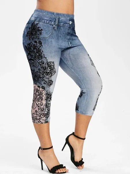 Women's Printed Denim Sportswear Leggings Oversized Hip Lifting Yoga Pants Plus image 6