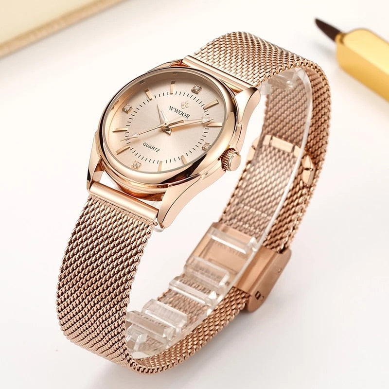 2022 WWOOR Fashion Brand Ladies Watches Luxury Diamond Rose Gold Women Bracelet image 9