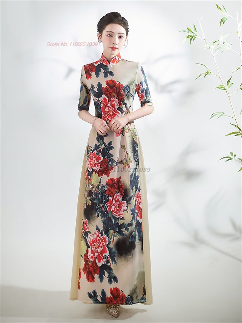 2024 chinese improved qipao dress vintage flower print cheongsam vietnam ao dai image 4