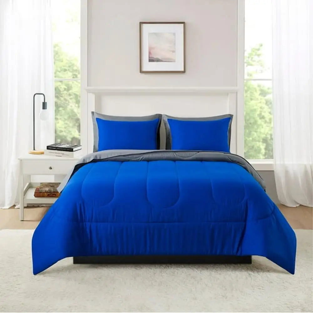 Solid Blue Reversible Comforter Set with Grey Sheets Mainstays Bed-in-a-Bag Kit image 1