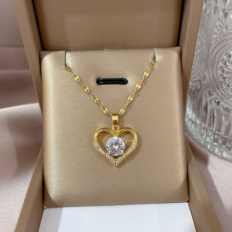 Artificial Gems Heart Pendant Necklace for women 2022 Golden Stainless Steel Li image 6