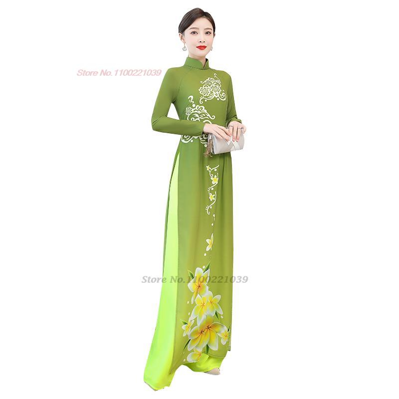 2024 vietnamese aodai dress women traditional flower print vintage elegant qipa image 3