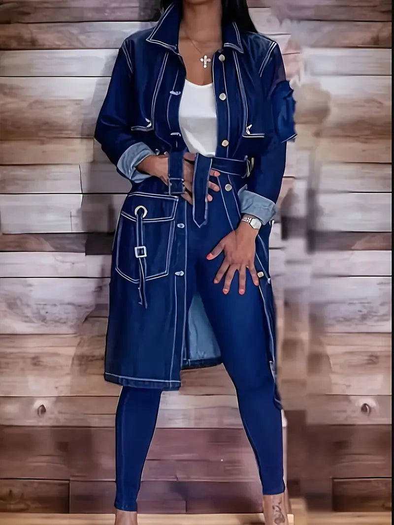 Women's Blue Denim Trench Coat - Elegant Long Jean Jacket with Belt, Flap Pocke image 1