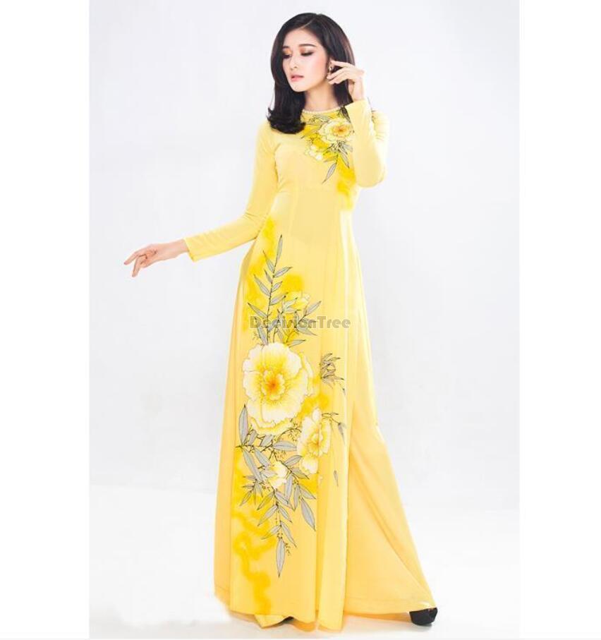 2024 vietnam classic style aodai dress full sleeve women flower printing aodai image 1