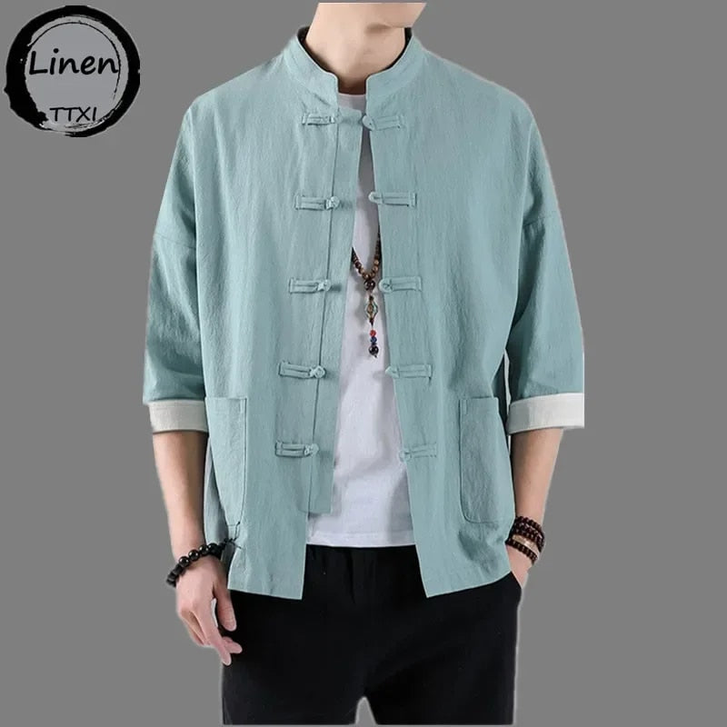 2022 New Chinese Style Mens Tops Tang Suit Linen Half Sleeve Solid Traditional image 2