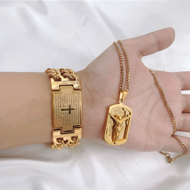 Mens Stainless Steel Bracelet Gold Color Cuban Chain Jesus Cross Bracelet Man image 8