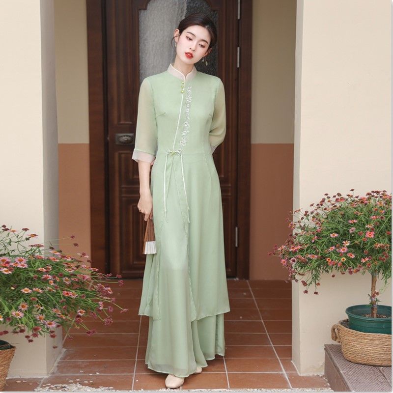 Retro Hanfu Tea Art Party Dress Traditional Vietnam Ao Dai Women Elegant Daily image 2