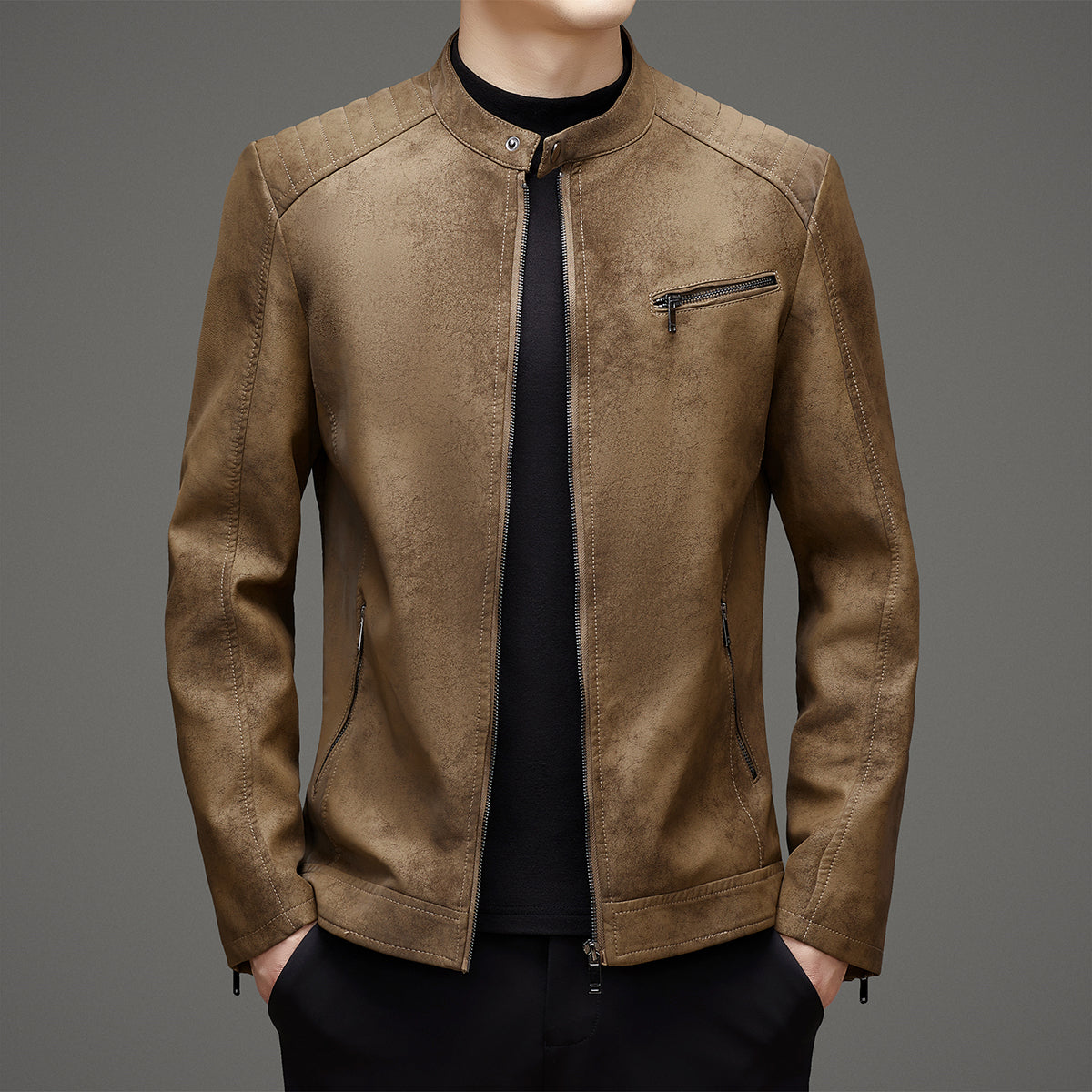 Winter Men's Leather Jacket Stand Up Collar Windproof Leather Jacket Men High Q image 2