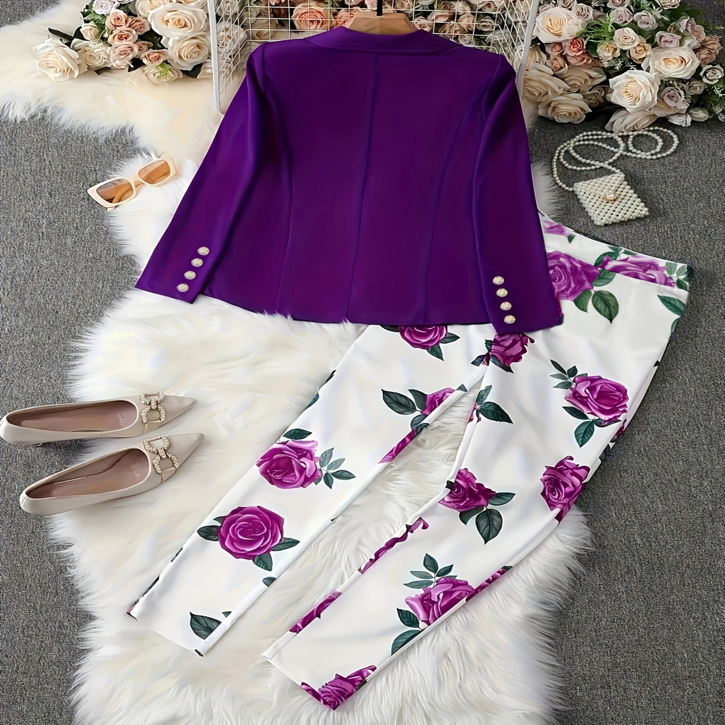 Casual Two-piece Set, Solid Double-breasted Blazer & Floral Print Slim Pants Ou image 2