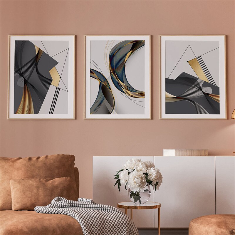 Modern Abstract Geometric Canvas Painting Black Gold Lines Wall Art Poster Pict image 6