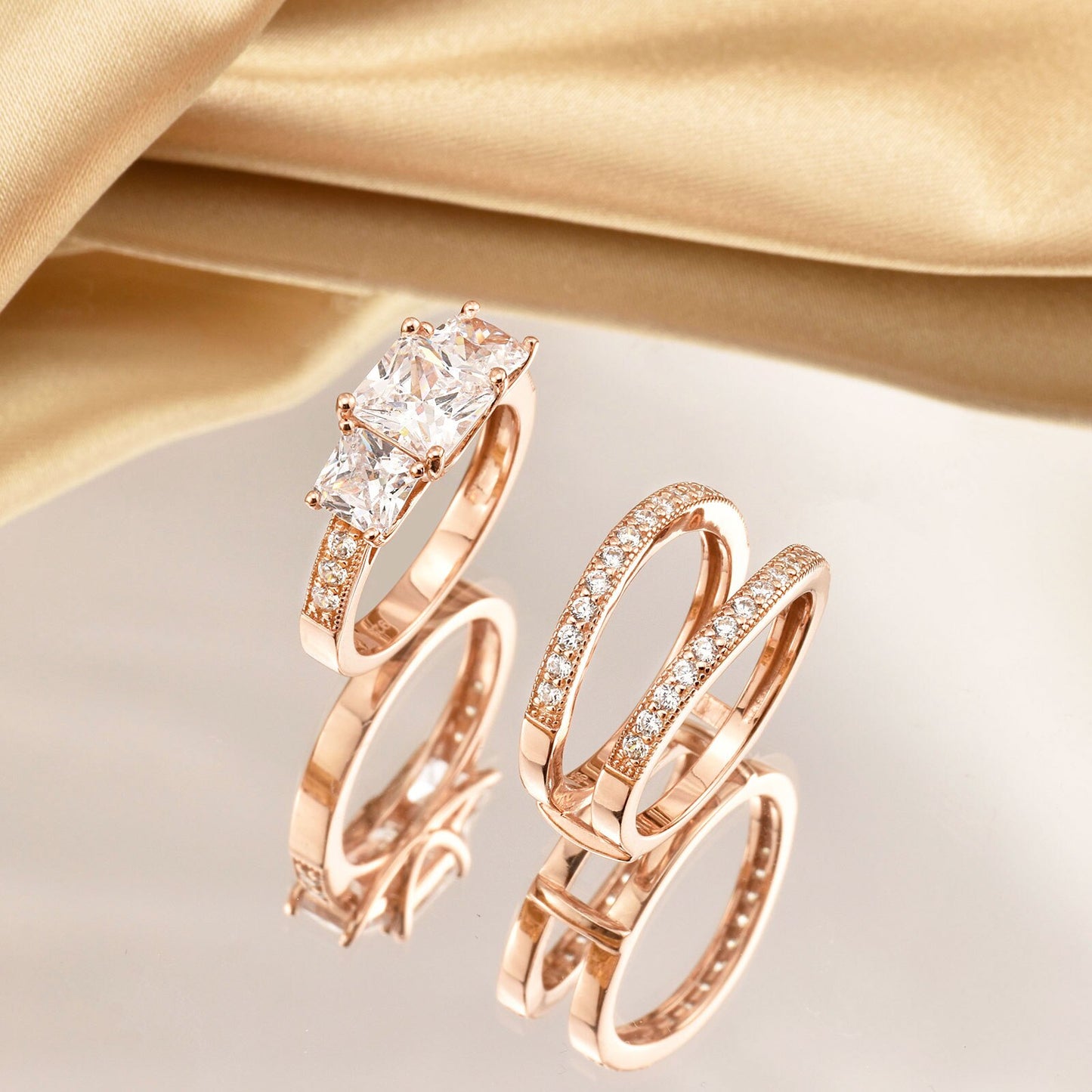 Newshe Yellow/ Rose Gold Wedding Rings Set For Women 925 Silver Princess image 4