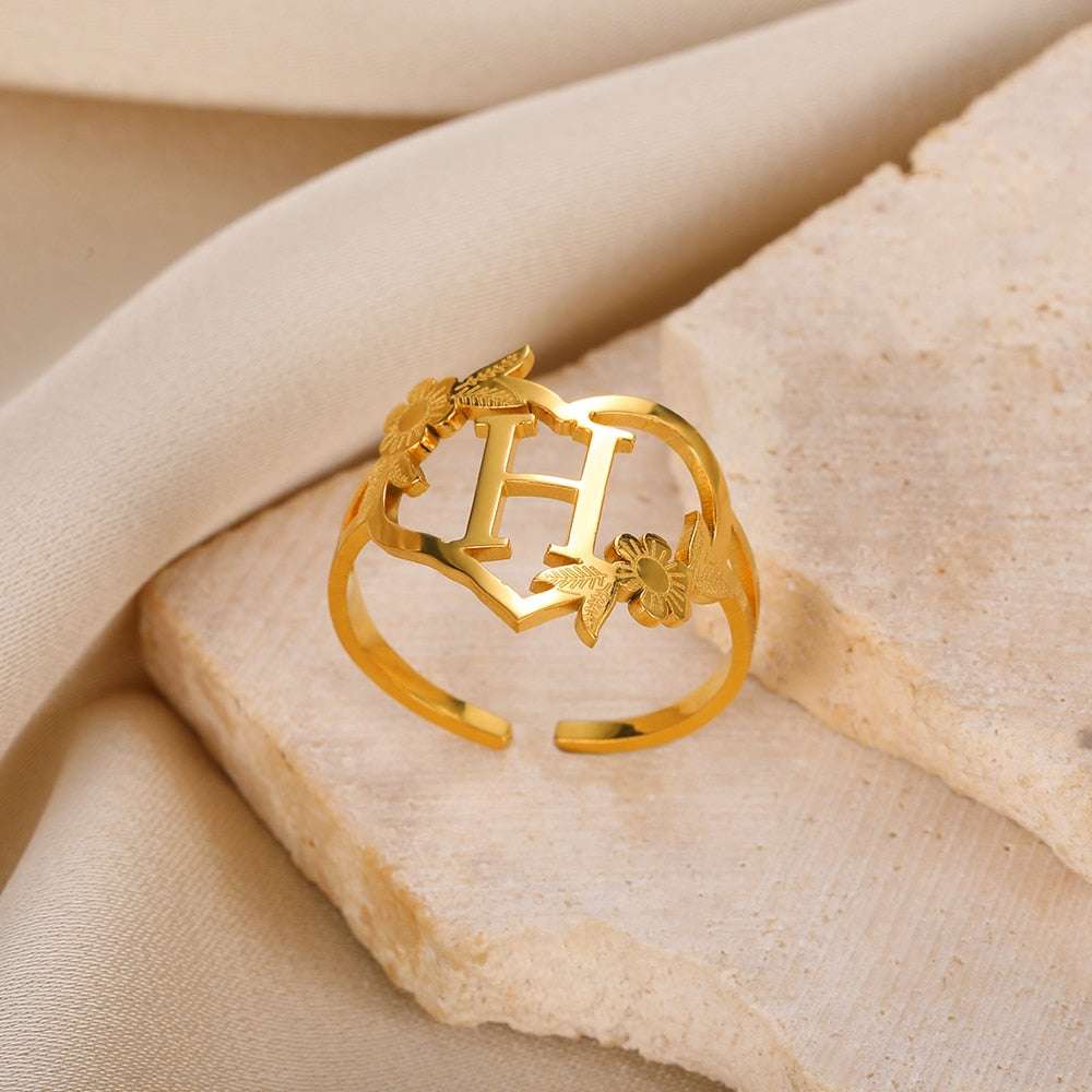 Stainless Steel Initials Flower Heart Rings Gold Color Adjustable Delicate Lett image 7
