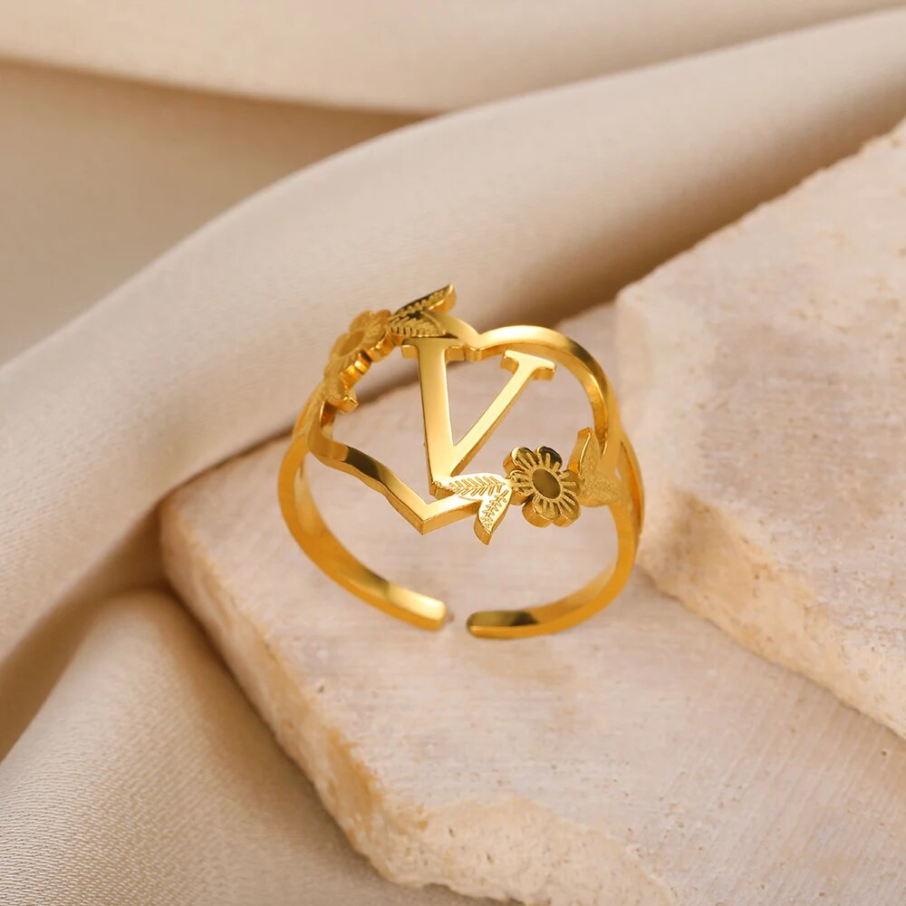 Stainless Steel Initials Flower Heart Rings Gold Color Adjustable Delicate Lett image 21