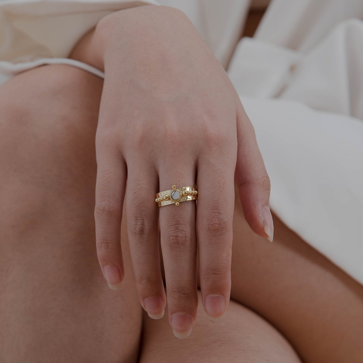 Creative Gold Plated Stainless Steel Rings for Women Simple Geometric Round Nat image 23