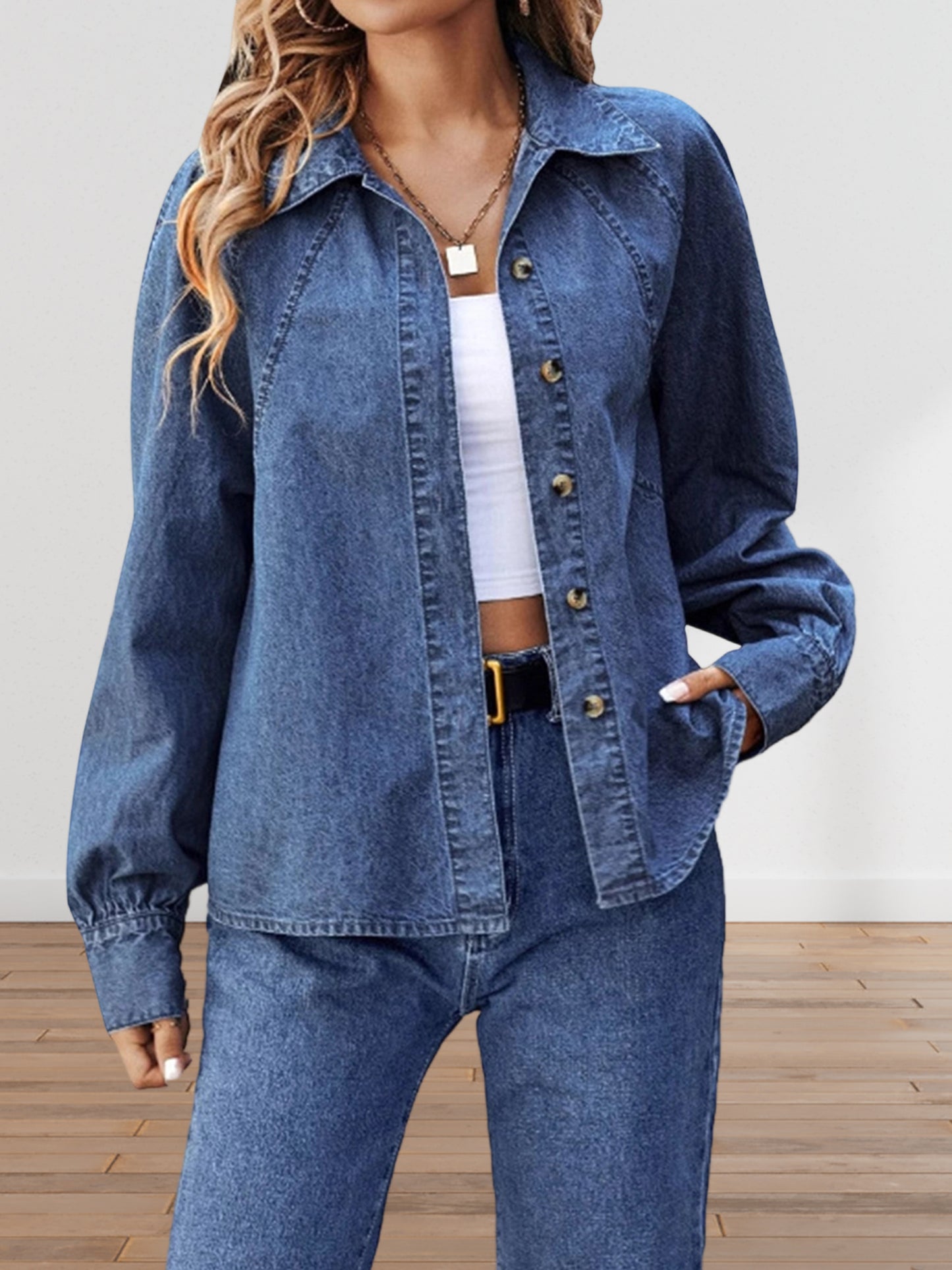 Women s Distressed Denim Jacket with Frayed Hem Classic Long Sleeve Turn-down C image 3