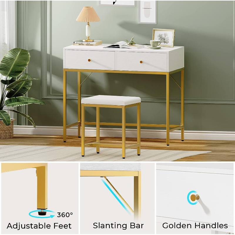 SUPERJARE 35.4" White and Gold Desk with 2 Drawers, Modern Makeup Vanity Desk w image 5