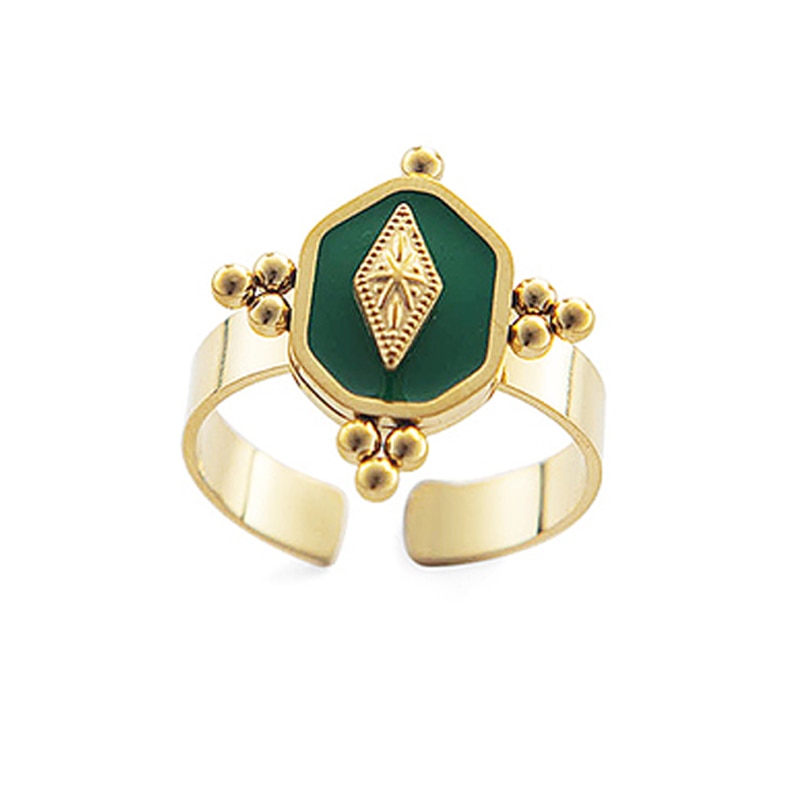 Stainless Steel Gold Plated Geometric Open Rings For Women Vintage Green Enamel image 1
