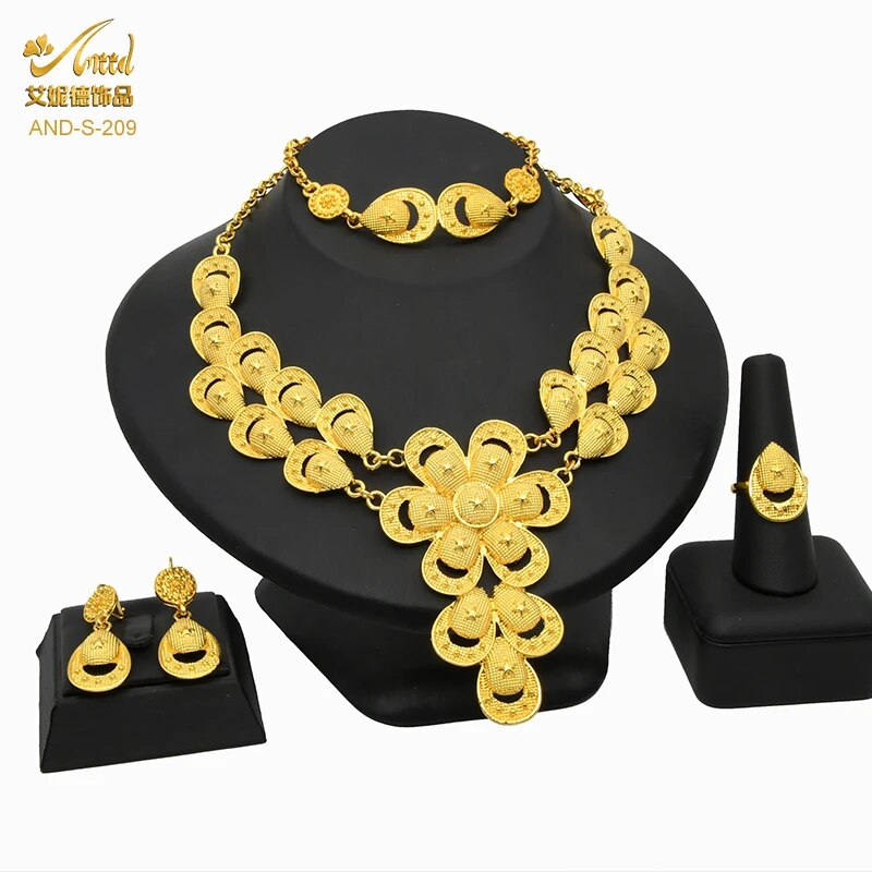 Indian Gold Plated Jewelry Set For Women African Bridal 24K Gold Color Necklace image 32