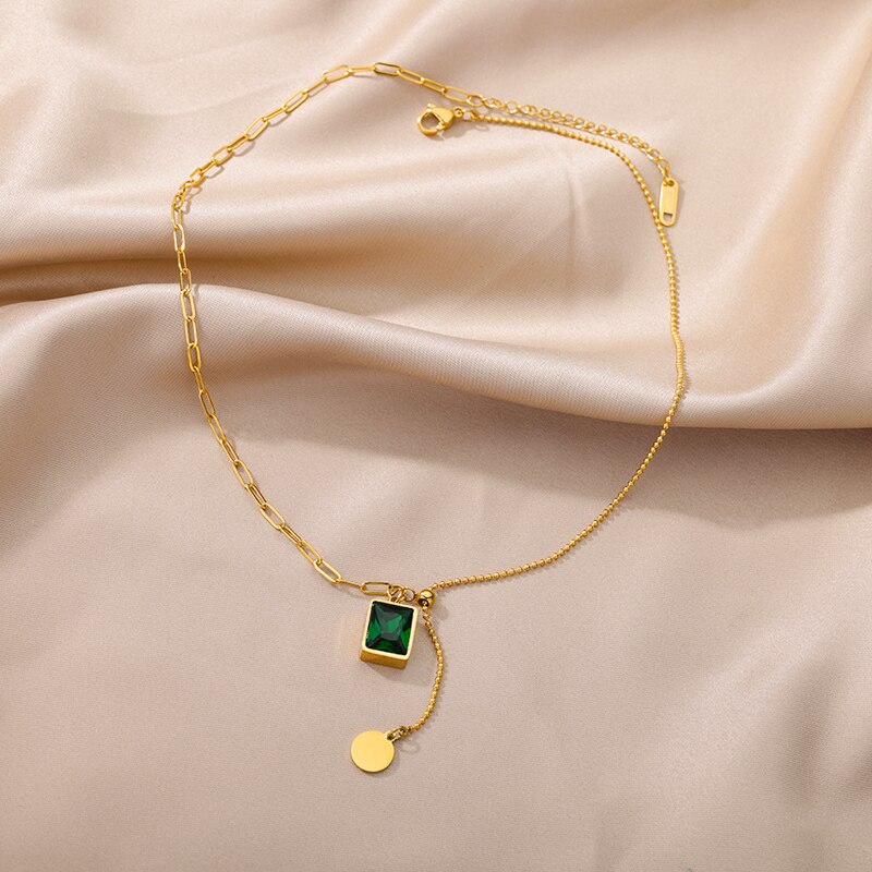 Green Square Pendant Necklace for Women Multi-layer Splicing Chain Gold Plated image 6