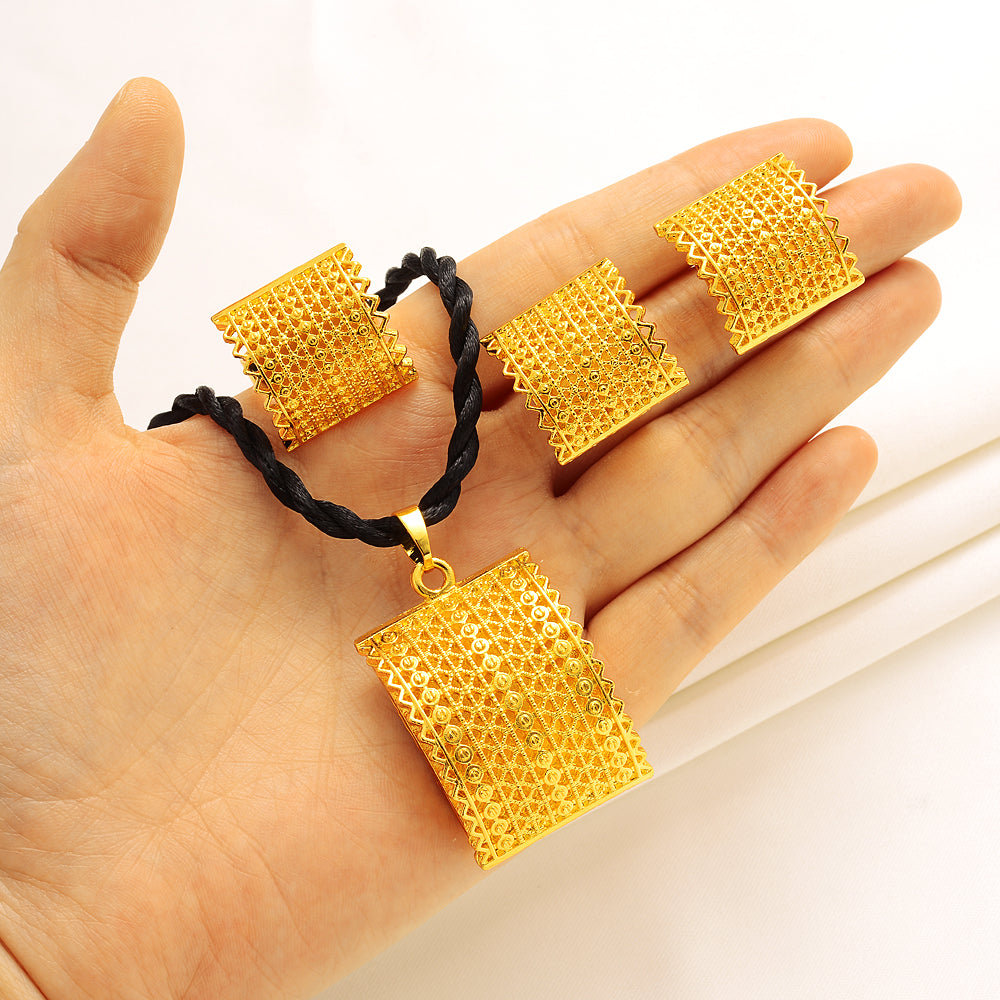 24K Gold Color Traditional Dubai Jewelry African Bride Habisha Lucky Patry Set image 4