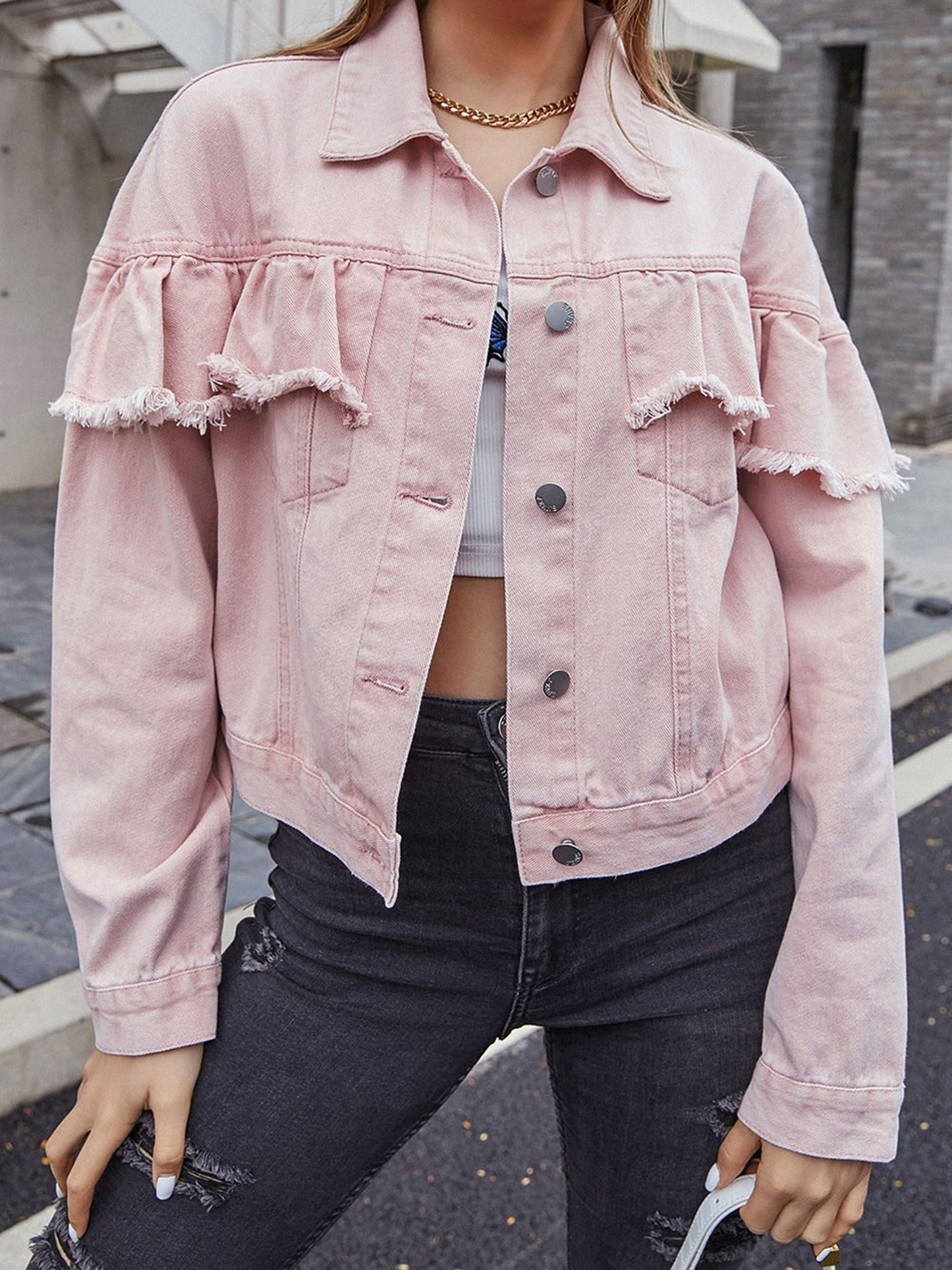 Ladies Frilled Denim Coat with Long Sleeves Collared Neckline and Button Closur image 3