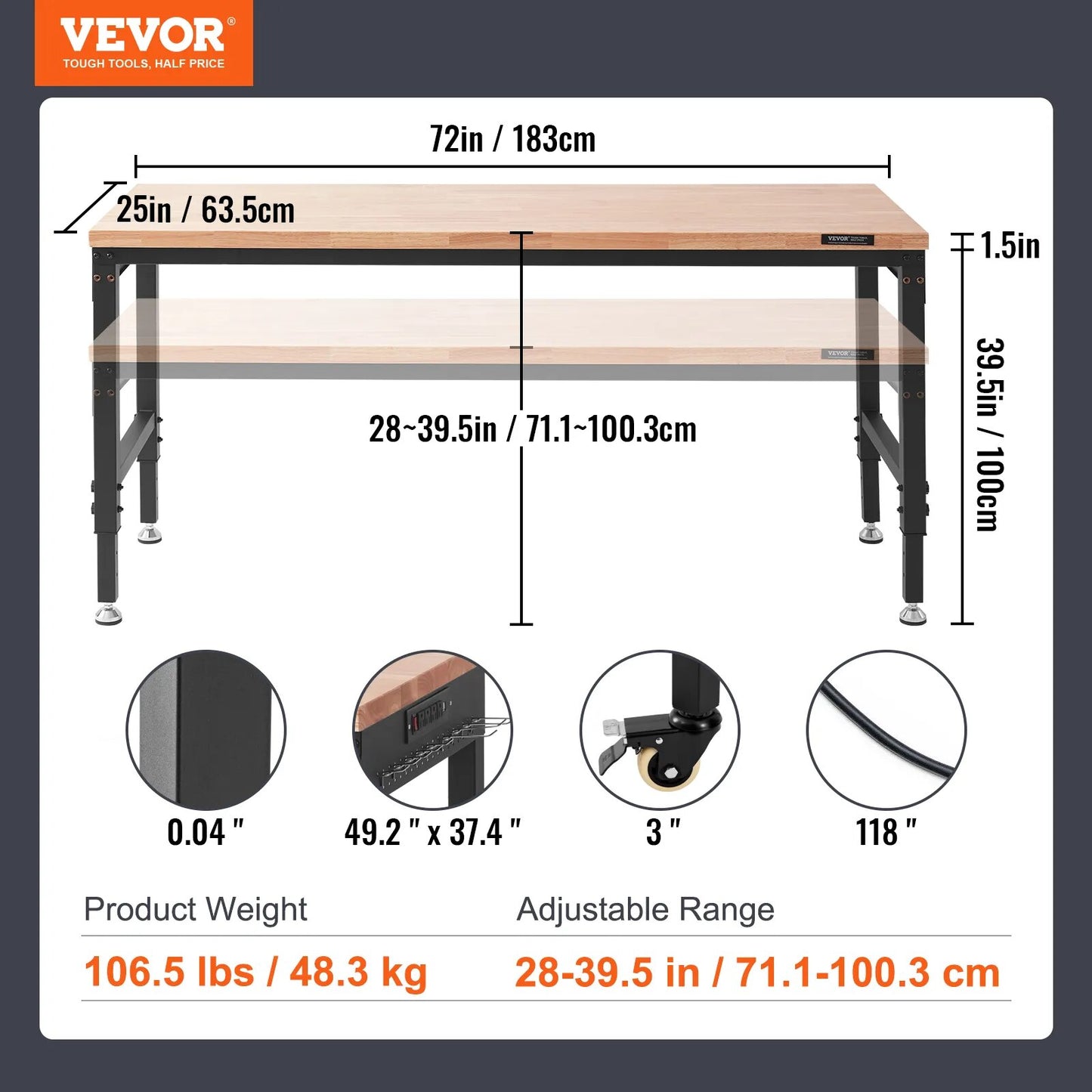 VEVOR Multifunctional Wood Work Bench Operation Saw Table with 10-Height Adjust image 3