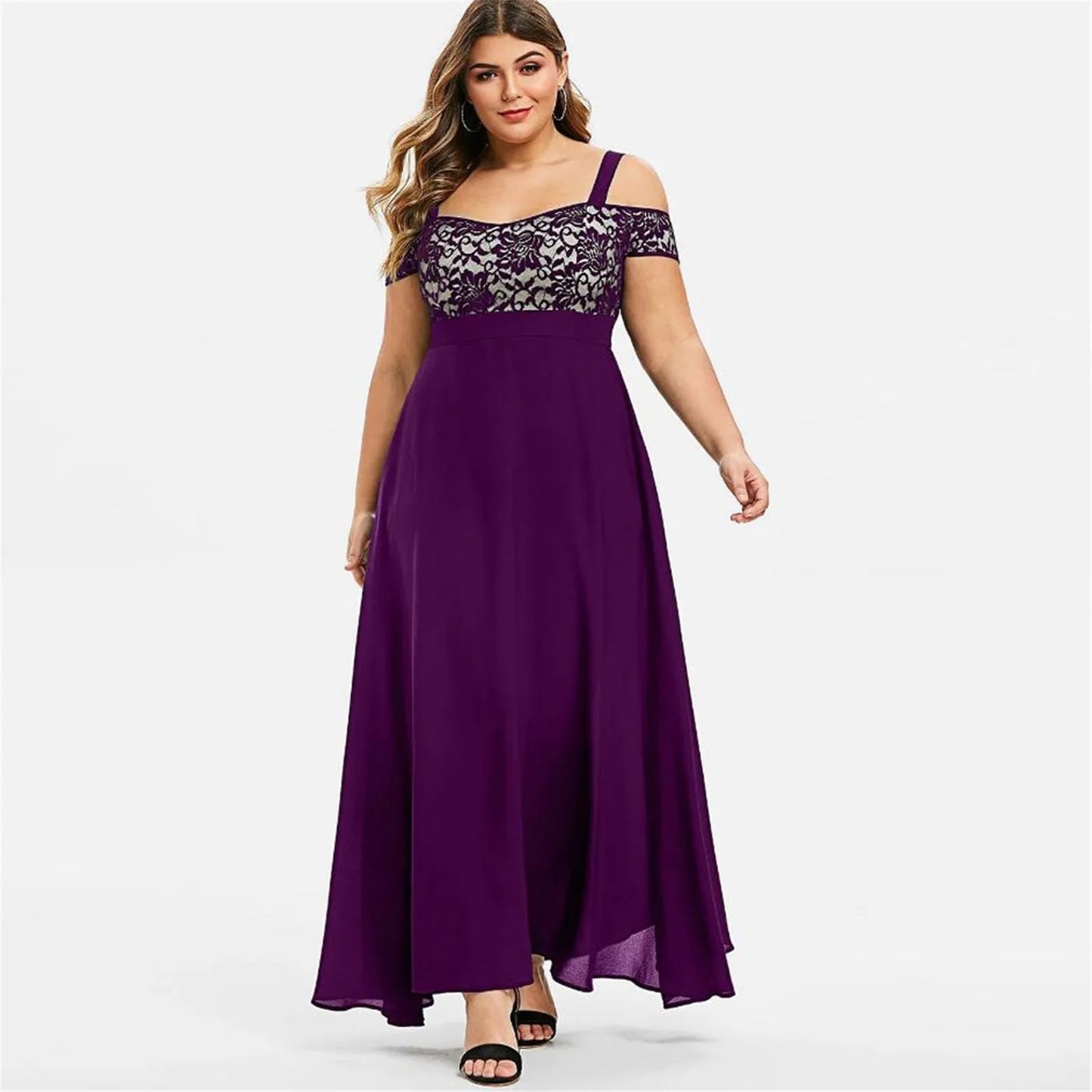 Plus Size Women Plus Size Cold Shoulder Floral Lace Maxi Party Evening Camis Lo image 0
