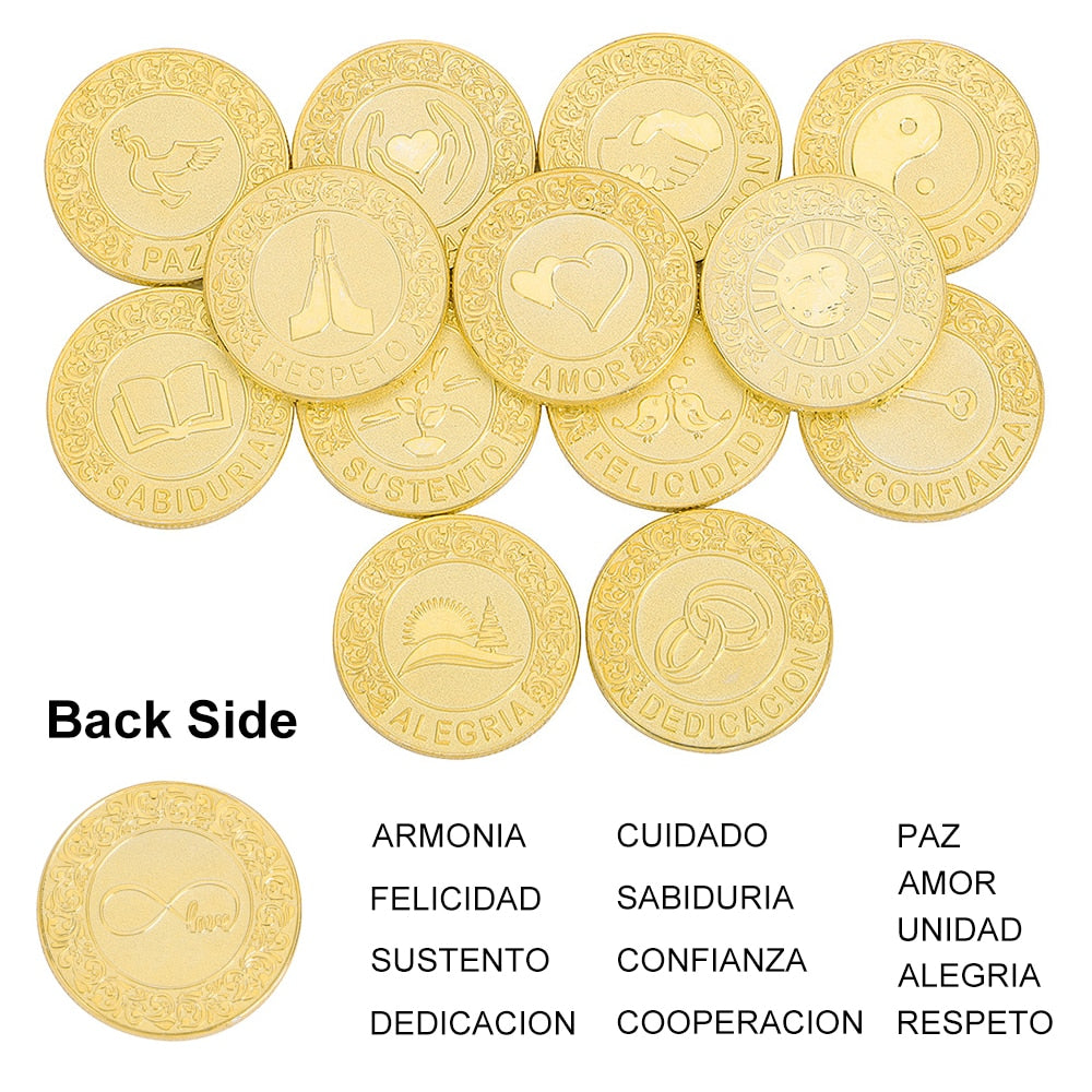 Spanish Golden Wedding Arras De Boda Unity Coins Set With Heart Wood Box Party image 5