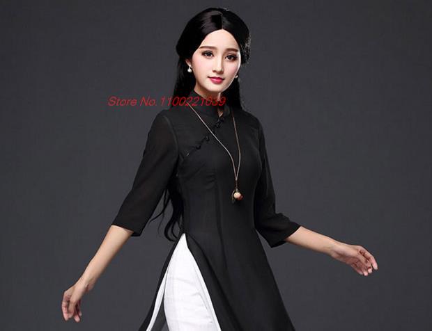2024 traditional folk style aodai dress+pants set vietnam chiffon aodai elegant image 2