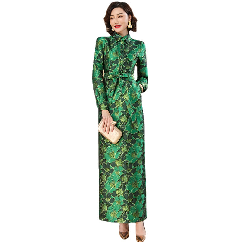 Spring Autumn Long Dress for Women Pencil Dress A-line Green Floral Slit Straig image 4