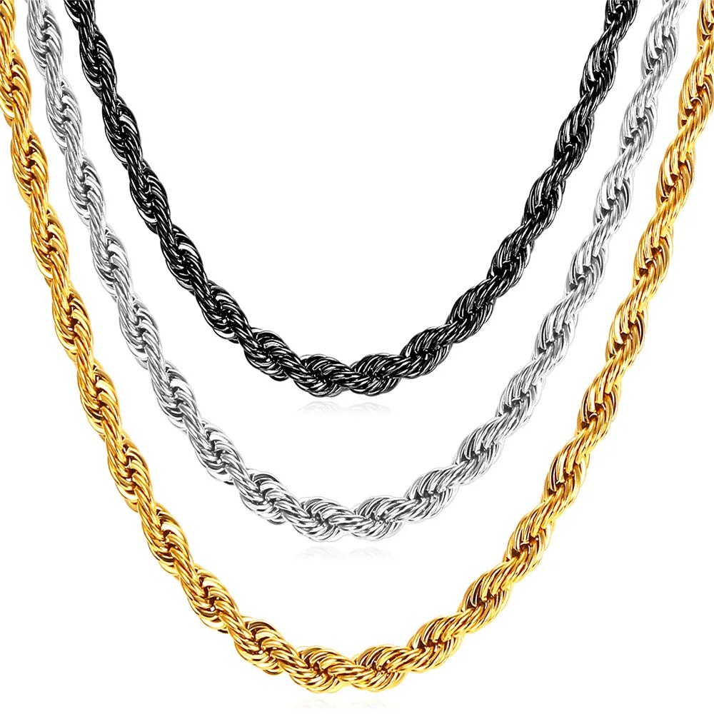 U7 Thick Stainless Steel Twisted Rope Chain Necklace For Men Gold Color Hippie image 5